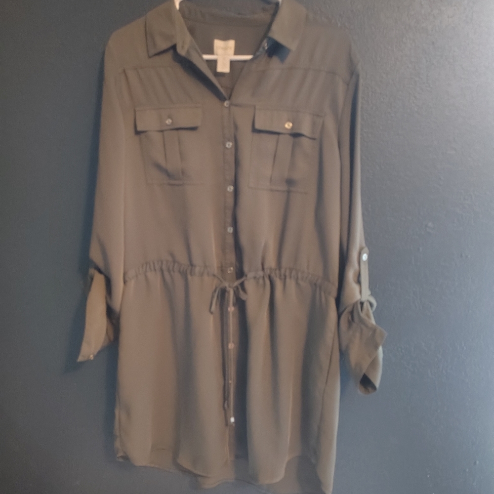 Chico's Minimalist Preppy Forest Green Button-Down Tunic Dress